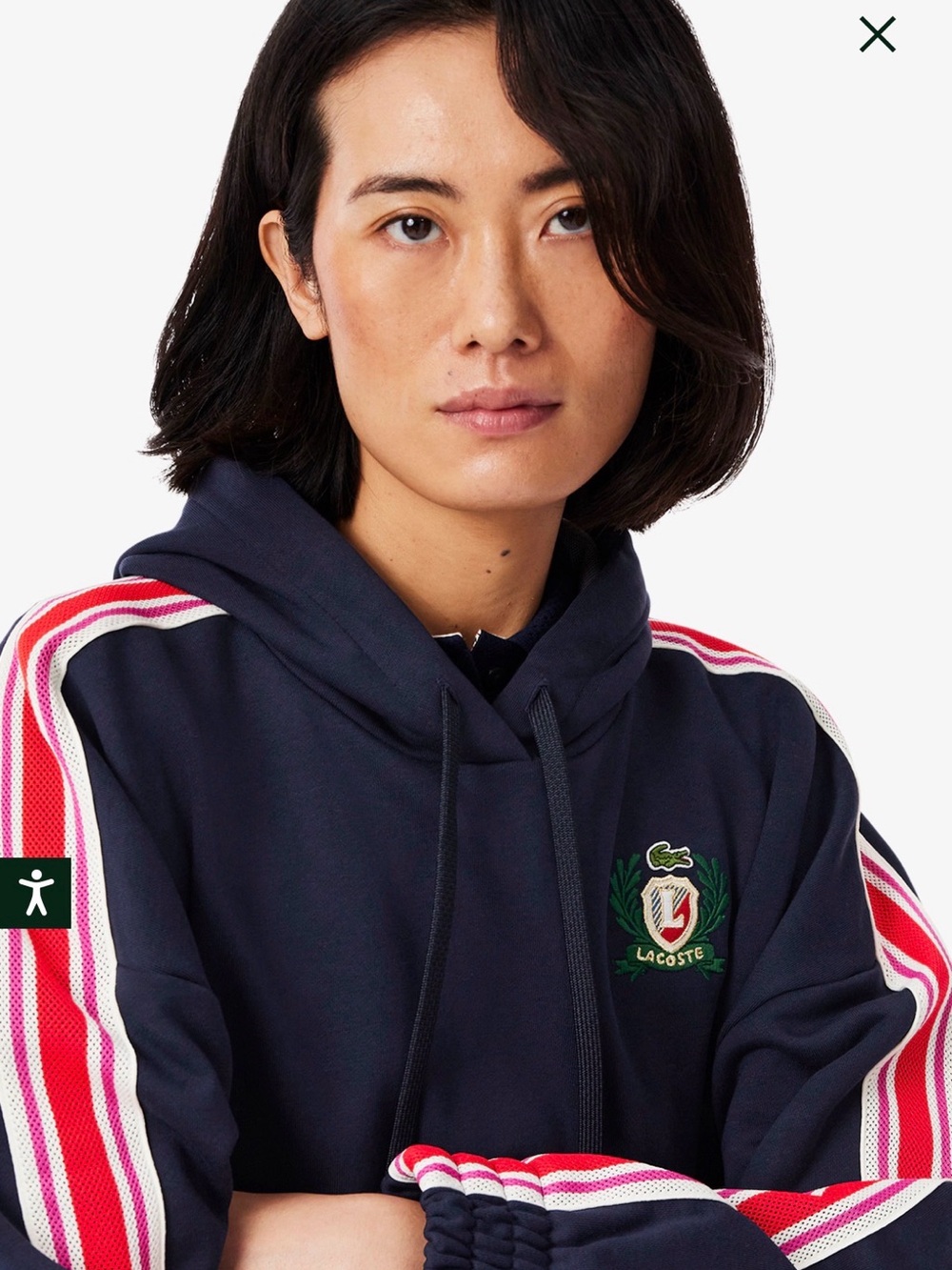 Lacoste Navy Hoodie with Pink and White Stripe Sleeves